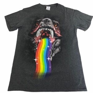Women’s graphic T dinosaur‎ throwing up rainbow S